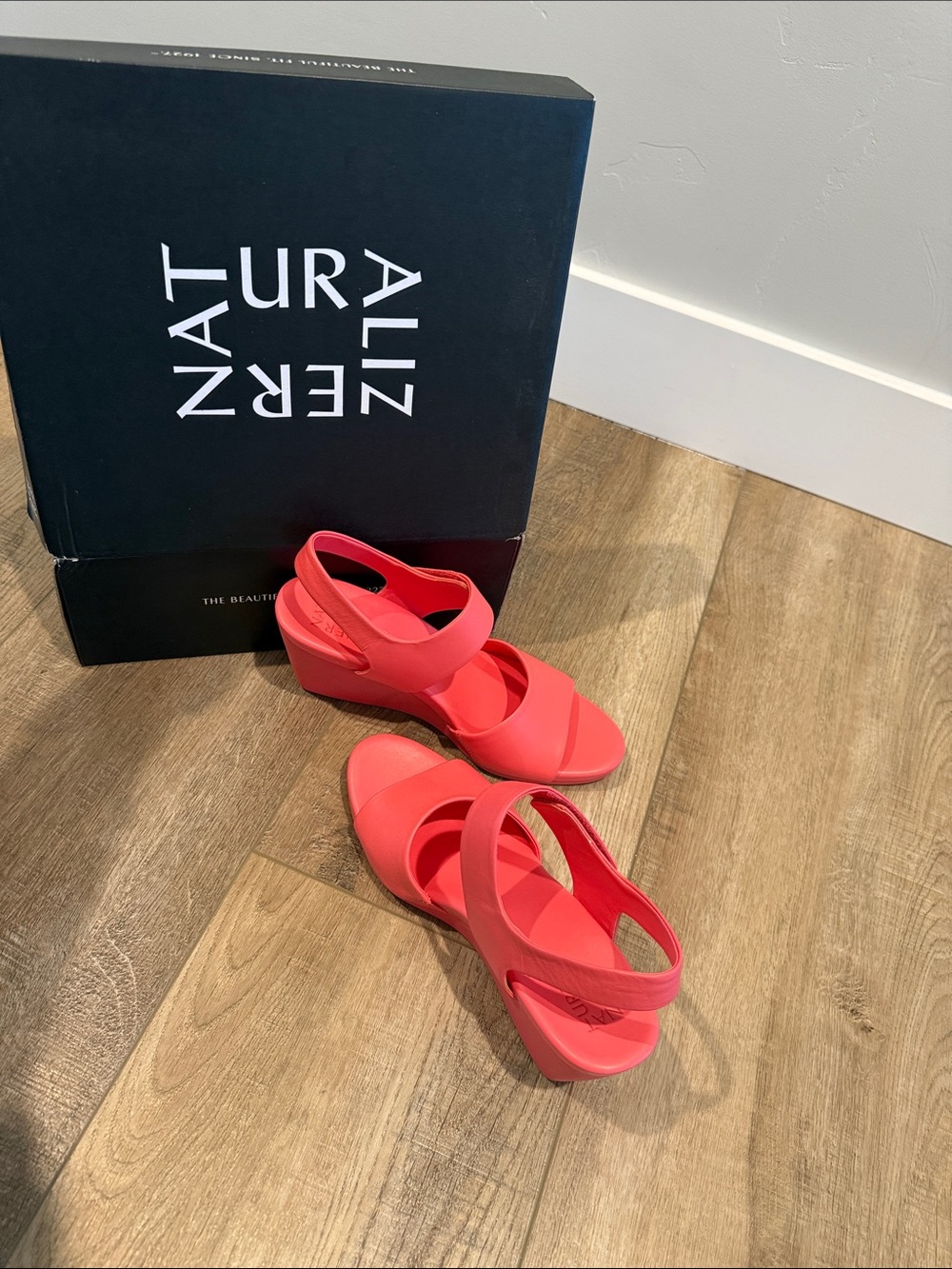 IMAN Coral-Red Platform Wedge Sandals with Ankle Strap